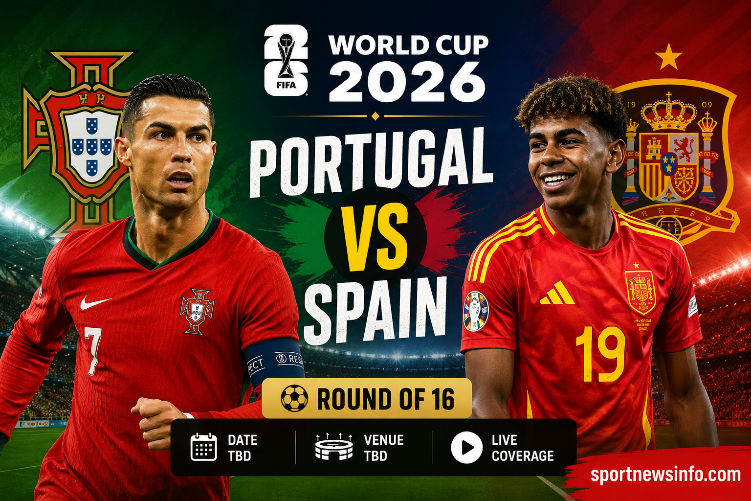 Portugal vs Spain FIFA World Cup 2026 Round of 16 featured image with football players, national flags, and stadium background.