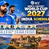 India World Cup 2027 schedule with cricket players and ICC World Cup trophy