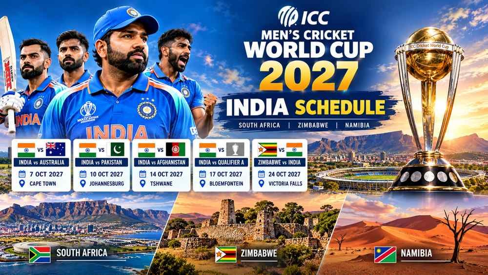India World Cup 2027 schedule with cricket players and ICC World Cup trophy