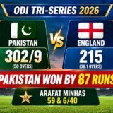 Pakistan beat England by 87 runs in the ODI Tri-Series at Rawalpindi, with Arafat Minhas scoring 59 and taking six wickets