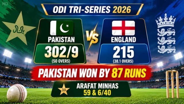 Pakistan beat England by 87 runs in the ODI Tri-Series at Rawalpindi, with Arafat Minhas scoring 59 and taking six wickets
